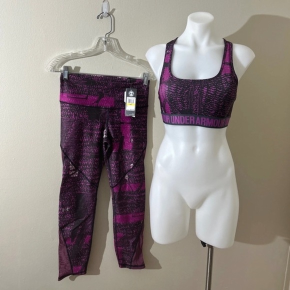 (NWT) Under Armour Gym Leggings & Sports Bra in Black/Purple, Small - Picture 1 of 16